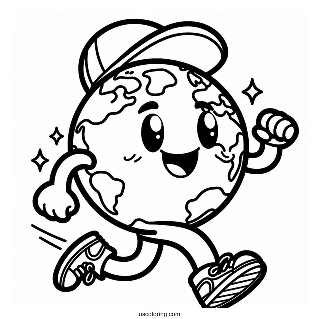 Cartoon Earth Running Coloring Page For Kids