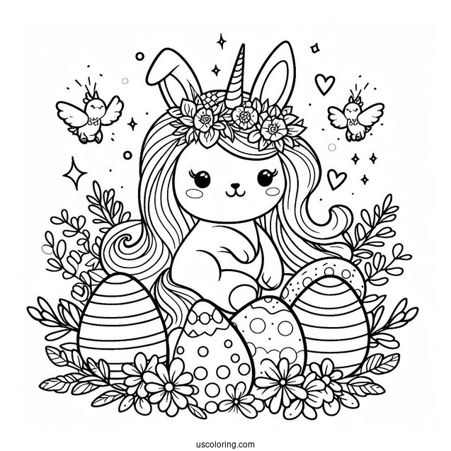 Easter Coloring Page Of Bunny With A Unicorn Surrounded By Easter Eggs