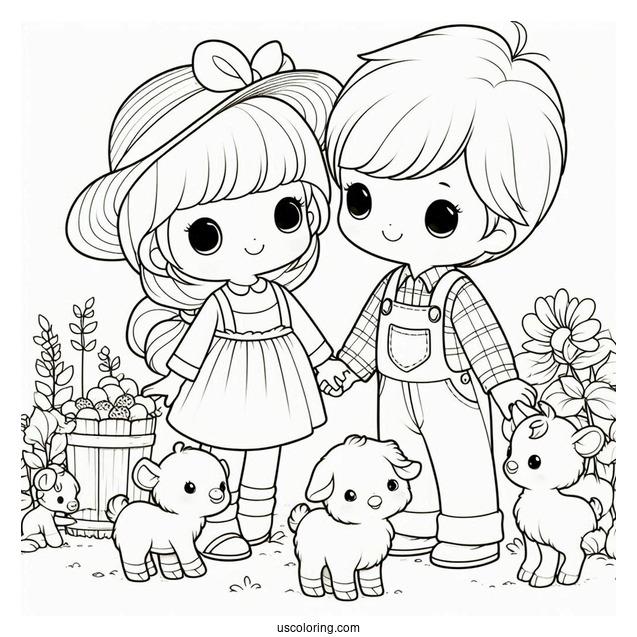 Precious Moments Coloring Page Of Girl And Boy With Farm Animals