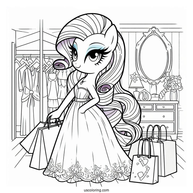 Elegant Rarity Coloring Page In Her Room With Shopping Bags