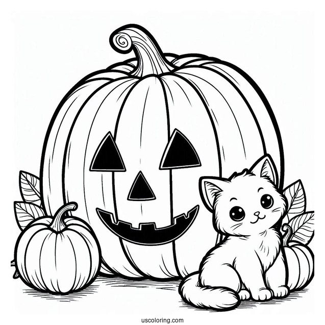 Pumpkin Coloring Page Of Cartoon Cats Beside A Large Jack O Lantern