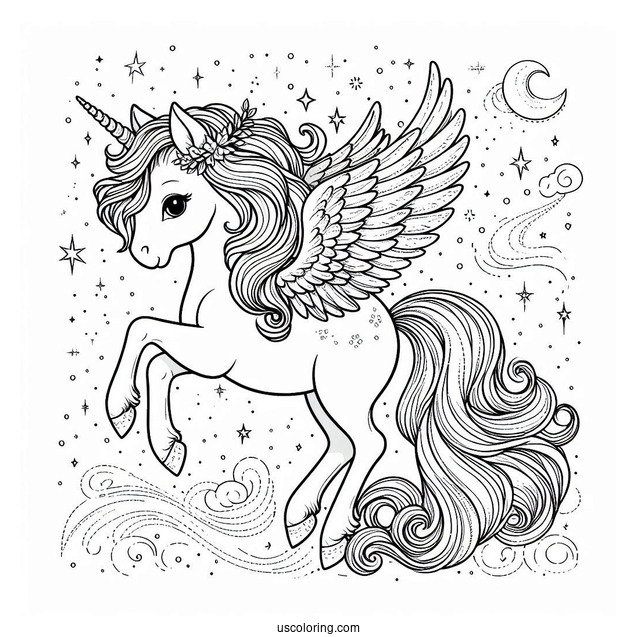 Cute Pegasus Coloring Page In the Night Sky For Kids