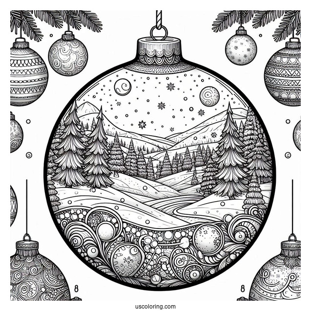 Detailed Winter Landscape Inside Bauble Christmas Ornaments Coloring Page