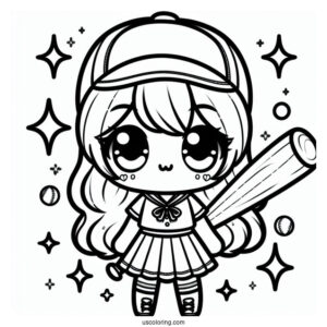 Kawaii Girl Baseball Coloring Page Player Holding A Bat