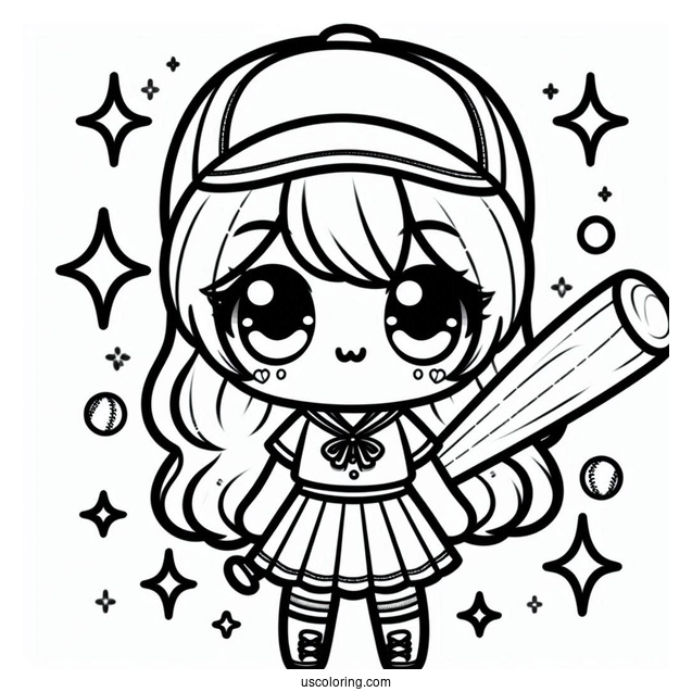 Kawaii Girl Baseball Coloring Page Player Holding A Bat