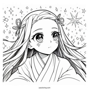 Nezuko Coloring Page In The Air With Stars