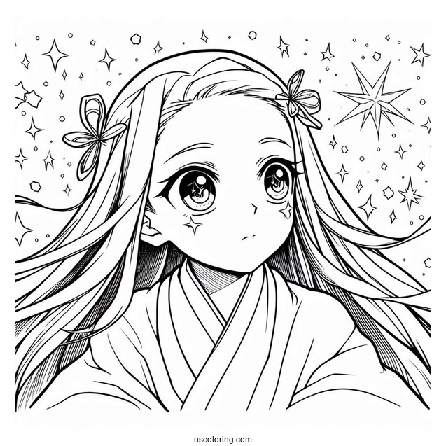 Nezuko Coloring Page In The Air With Stars