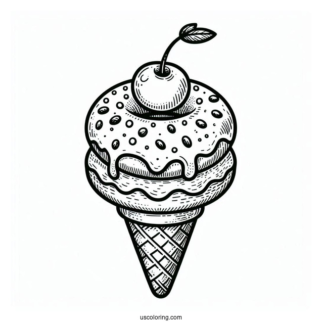 Ice Cream Donut Coloring Page On A Cone With Cherry On Top