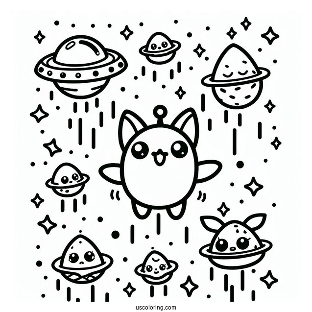 Tamagotchi Coloring Page Of Mametchi, Tomomi, And The Other Extraterrestrials Falling From The Sky