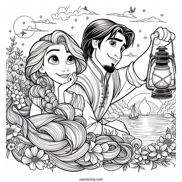 Rapunzel And Eugene With Lanterns To Color