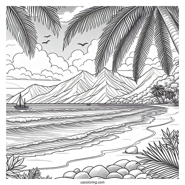 Realistic Beach Coloring Page With Mountain View