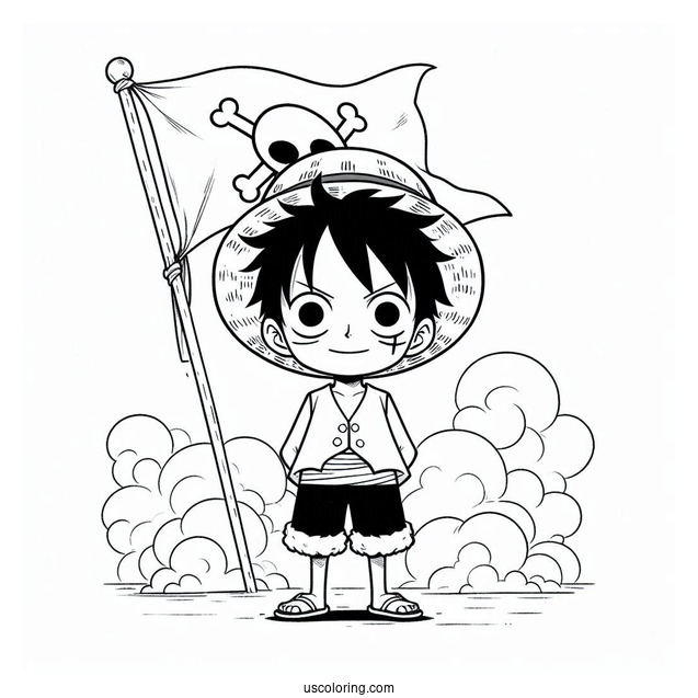 Luffy Coloring Page Standing In Front Of Straw Hat Pirate Flag With Mist