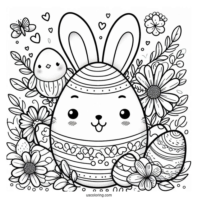 Smiling Easter Egg Coloring Page Bunny with Chicks and Flowers