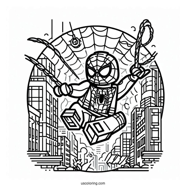 Lego Spider-Man With Webs Swinging Through City