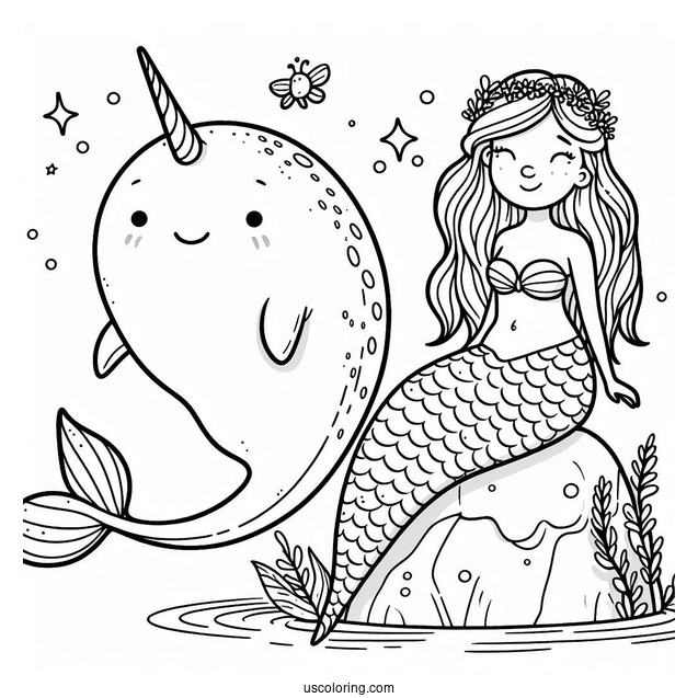 Narwhal Coloring Page And Mermaid Perched On A Rock For Kids