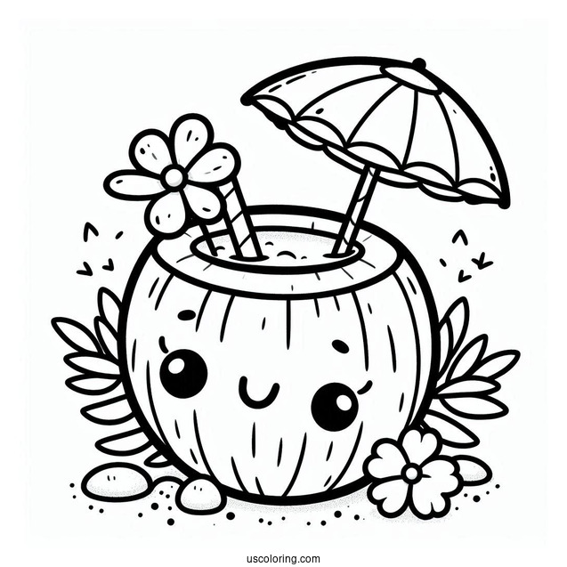 Cute Smiling Coconut Coloring Page Drink With Flower And Mini Umbrella For Kids
