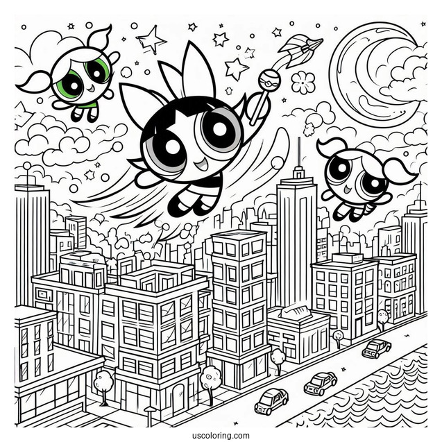 Powerpuff Girls Flying Over City To Color
