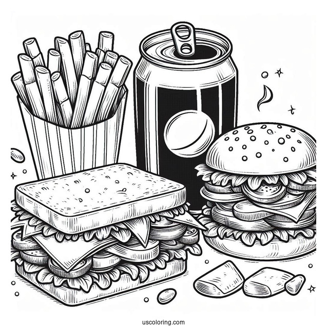 Sandwich And Soda Coloring Page
