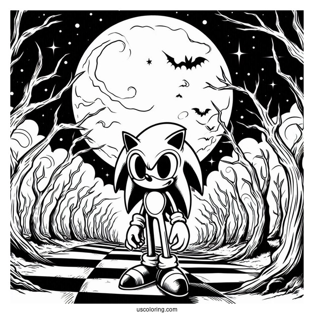 Creepy Sonic Exe Coloring Page With Dead Trees And Full Moon In Background