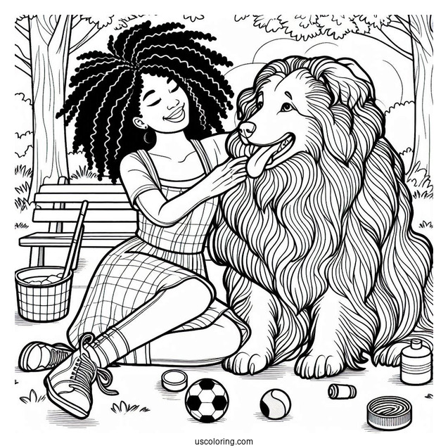 Woman Playing With Large Dog In Park Coloring Sheet