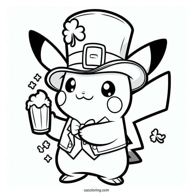 St. Patrick's Day Coloring Page Of Adorable Pikachu Dressed As A Leprechaun For Kids