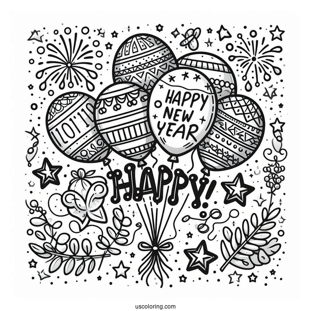 Happy New Year Coloring Page Of Balloons, Stars, And Confetti