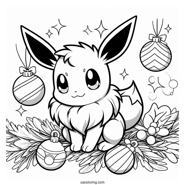 Pokemon Christmas Coloring Page Cute Eevee With Baubles In The Background Pokemon Christmas