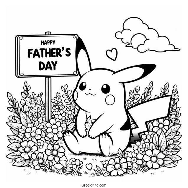 Pikachu Sitting On A Flower Field With A Father's Day Coloring Page Of Sign