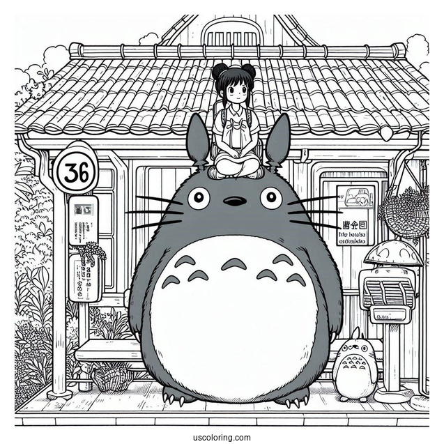 Studio Ghibli Coloring Page of Iconic My Neighbor Totoro At Bus Stop Poster