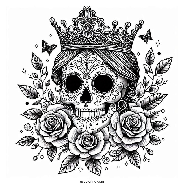 Realistic Sugar Skulls Coloring Page Costume With Tiara And Rose Wreath