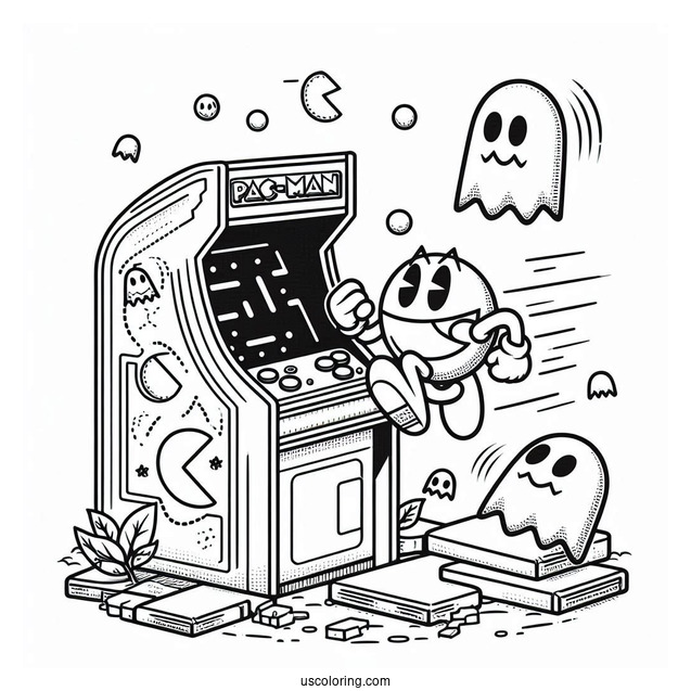 Pac-Man Coloring Page And Ghosts Leaping Out Of Arcade Machine