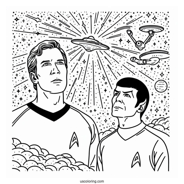 Star Trek Coloring Page Of Simple Outline Of Admiral Kirk And Spock Looking Up