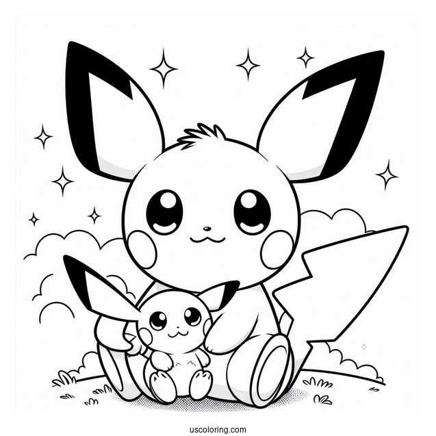 Pichu Coloring Page Sitting With Stuffed Toy Raichu