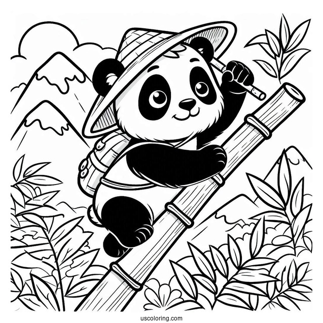 Explorer Panda Coloring Page Climbing Bamboo in the Mountains