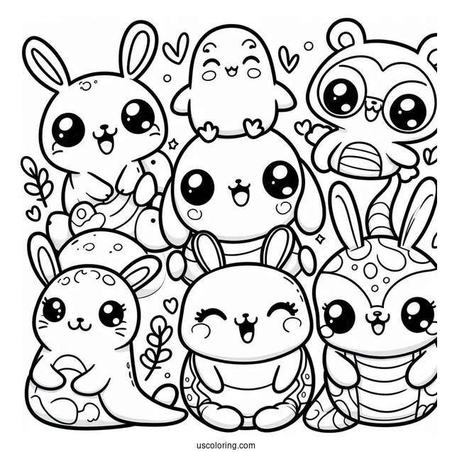Kawaii Smiling Critters Coloring Page On Top Of Each Other
