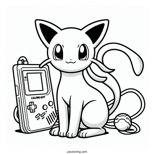 Mew Coloring Page Standing In Front Of Game Boy Console