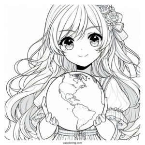 Beautiful Anime Girl Holding The Earth Coloring Page