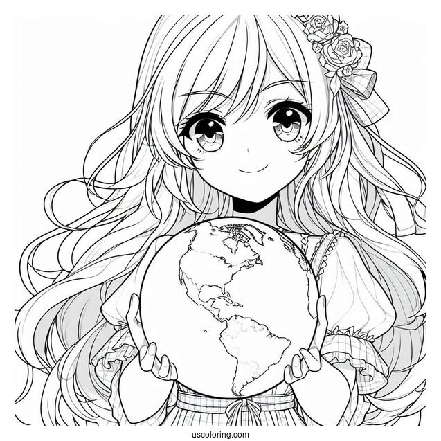 Beautiful Anime Girl Holding The Earth Coloring Page