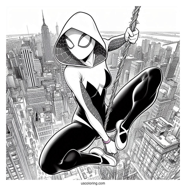 Realistic Spider-Gwen Coloring Page Swinging Across The City