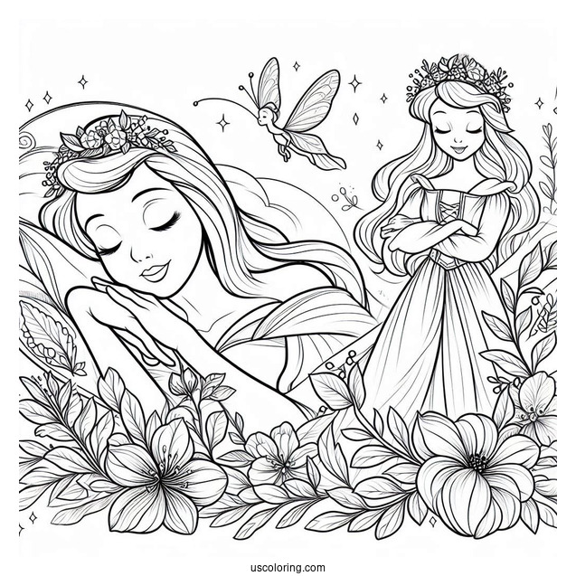 Sleeping Beauty Coloring Page Of Fairy Godmothers Flora, Fauna, And Merryweather Beside Sleeping Beauty