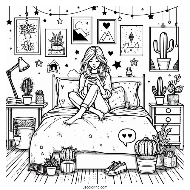 Bedroom Coloring Page Girl Texting On Her Bed Surrounded By Posters And Cactus