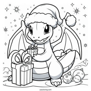 Pokemon Christmas Coloring Page Dragonite Holding A Present