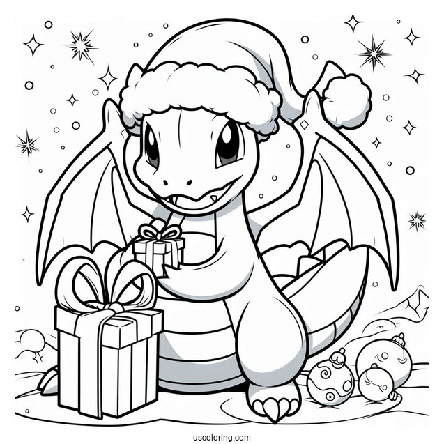 Pokemon Christmas Coloring Page Dragonite Holding A Present