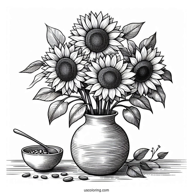 Four Beautiful Sunflowers In Vase For Coloring_