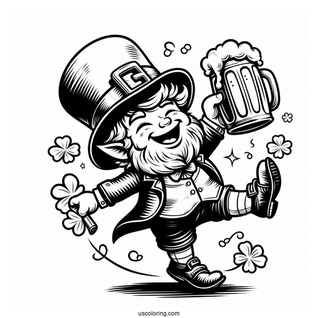 St. Patrick's Day Coloring Page Of Dancing Leprechaun Holding A Glass Of Beer
