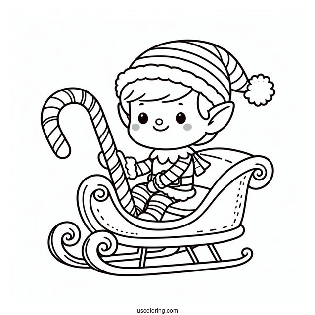 Cute Elf Riding Candy Cane Sleigh