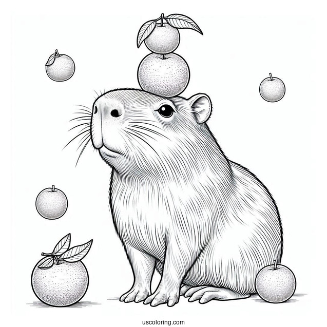 Serious Capybara Coloring Page Balancing Tangerines On Its Head