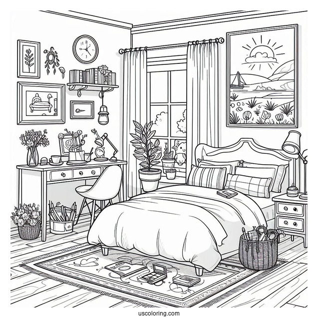 Sunny Bedroom Coloring Page With A Double Bed, Side Desks, Paintings, And Rugs