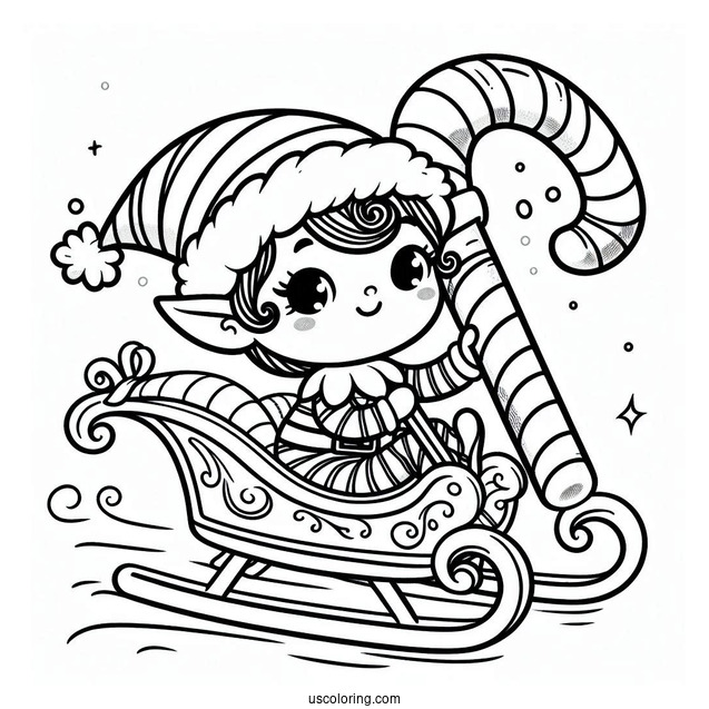 Cute Elf Riding Candy Cane Sleigh