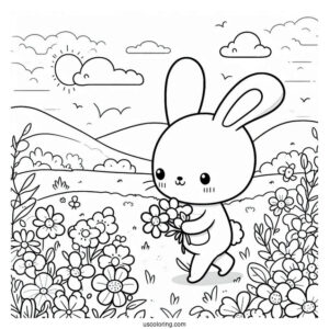 Cute Coloring Page Rabbit Hiking On A Flower Field